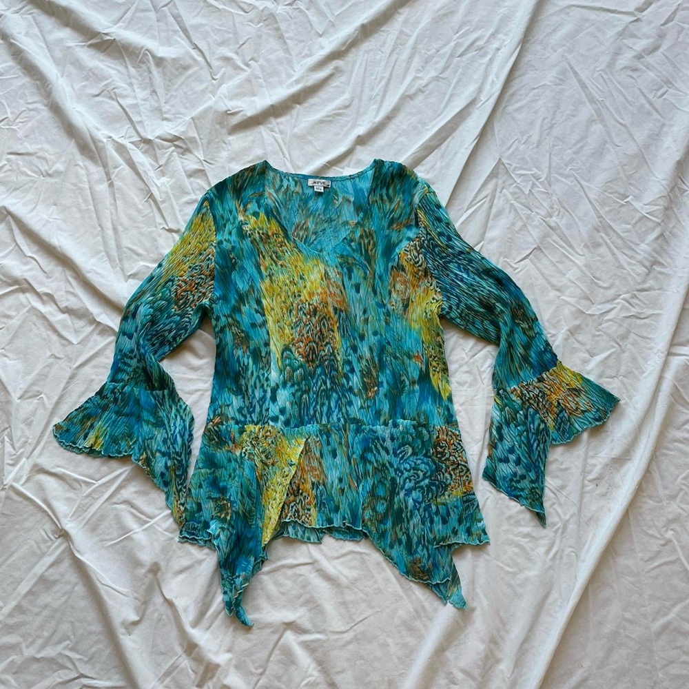 Vintage turquoise, blue & green leopard cheetah asymmetrical fairy crinkle top